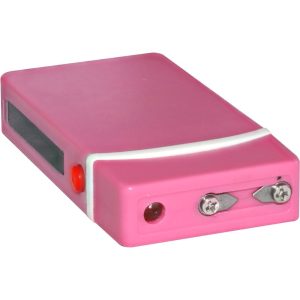 Pink portable device with red button, metal connectors, and digital display on the side.