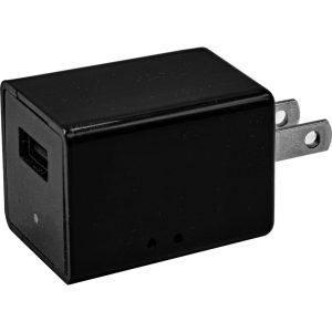 Black USB wall charger with two metal prongs for electrical outlet, ideal for efficient device charging.