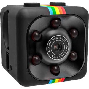 Compact SQ11 mini camera with colorful stripes, designed for discreet recording and easy portability.