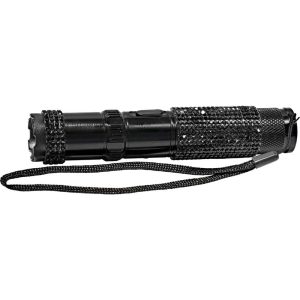 Black flashlight with textured grip and wrist strap, ideal for outdoor activities or emergency use.