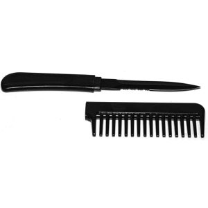 Black comb with hidden knife blade exposed, showcasing a dual-purpose grooming tool.