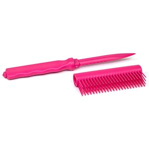 Pink comb knife disguised as a hairbrush, featuring a concealed blade, isolated on a white background.