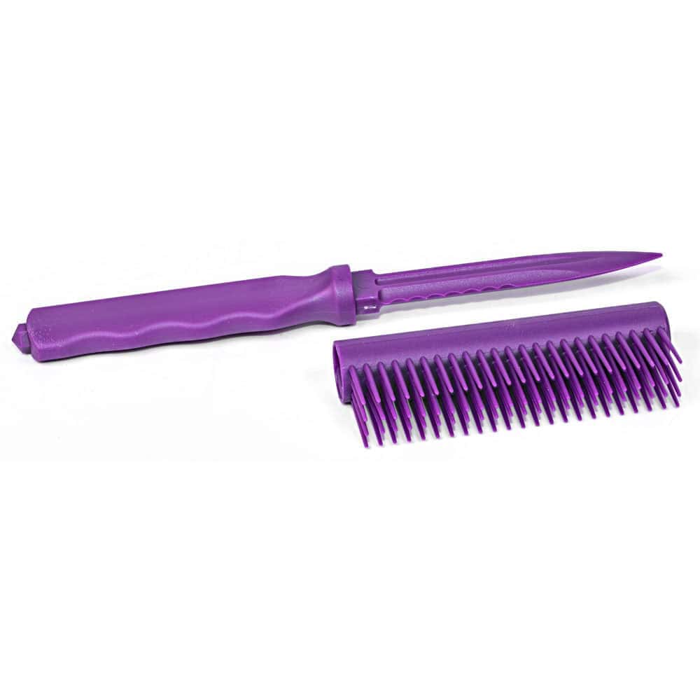 PBK-PUR_bjpg | Para Bellum Defense Purple plastic dagger with comb sheath isolated on white background.