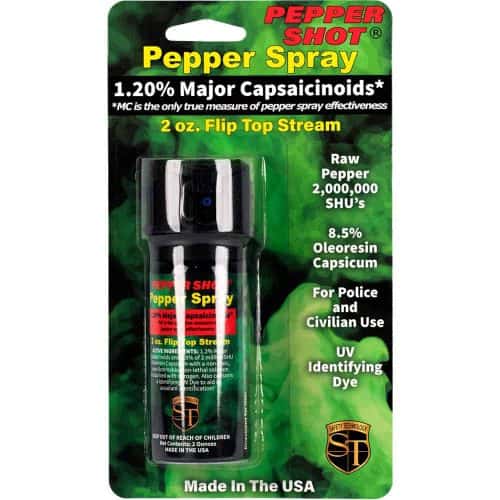 Pepper spray bottle with 1.20% major capsaicinoids, flip top, 2 oz, for police and civilian use, made in the USA.