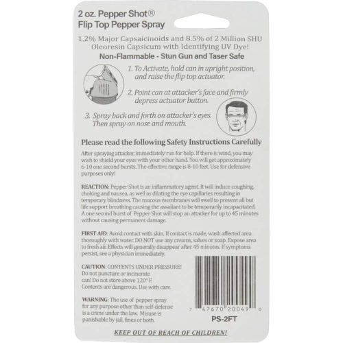 Pepper Shot 2 oz. pepper spray packaging with usage instructions and safety warnings.