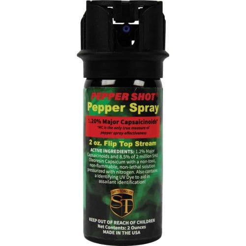 Pepper Shot pepper spray canister with flip top and 1.2% major capsaicinoids for self-defense, 2 oz size.