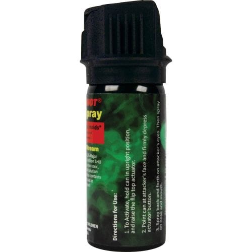 Pepper spray can for personal safety and self-defense with instructions for use on the label.