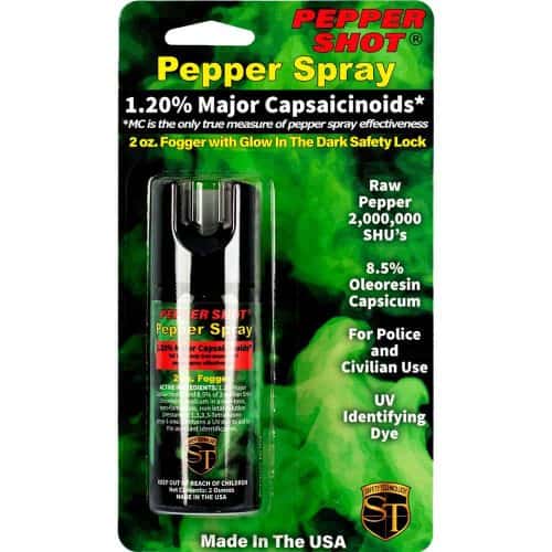 Pepper Shot pepper spray package with 1.20% capsaicinoids, UV dye, 2 oz fogger for police and civilian use in the USA.