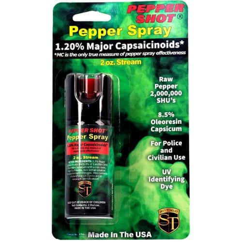 Pepper Shot 1.20% pepper spray in 2 oz bottle with UV dye for self-defense, featuring major capsaicinoids and oleoresin capsicum.