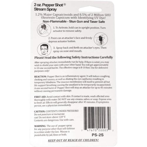 Back of 2 oz. Pepper Shot Stream Spray package with usage instructions, safety warnings, and first aid information.