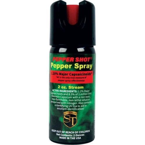 Pepper Shot 2 oz pepper spray with 1.2% major capsaicinoids, safety technology label, non-flammable, UV dye.