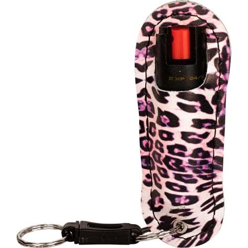 Pink leopard print pepper spray keychain for self-defense.