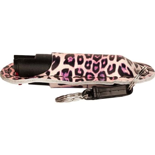 Pink leopard print eyeglass case with chain, side view. Fashionable and protective accessory.