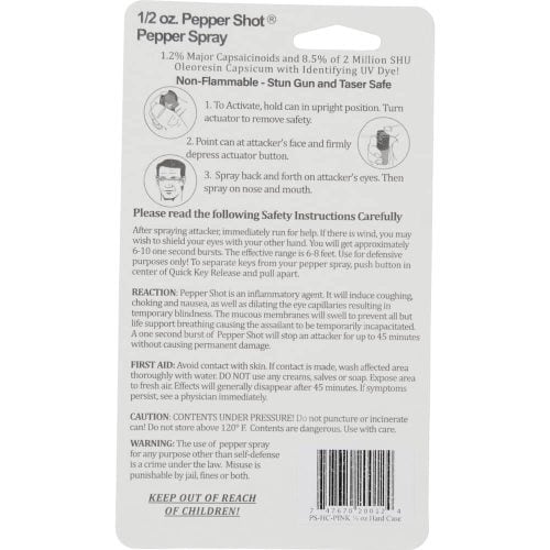 Instruction label for 1/2 oz Pepper Shot® Pepper Spray with usage and safety guidelines.