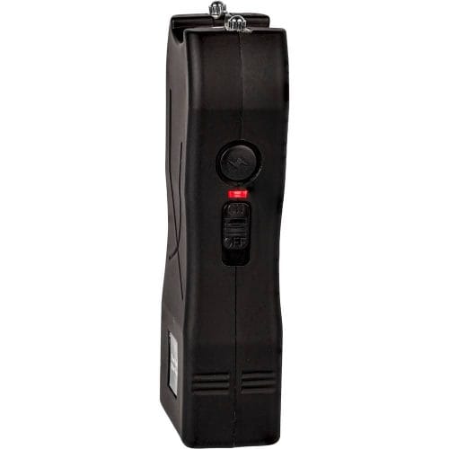Black handheld stun gun with on/off switch and red indicator light, viewed from the side.