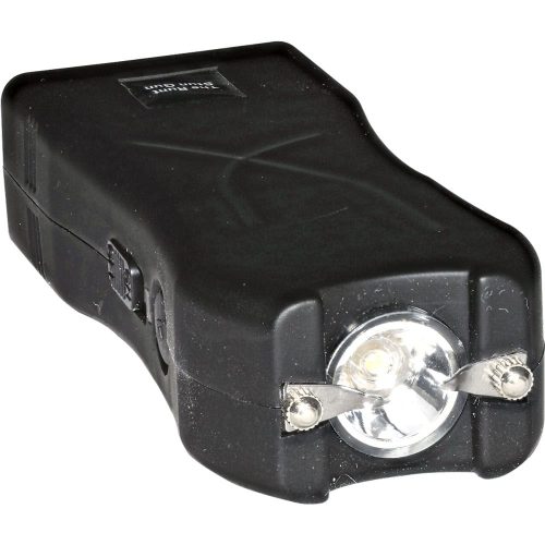 Black stun gun with built-in flashlight, providing personal safety and self-defense.