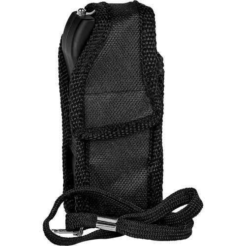 Black nylon flashlight holster with adjustable strap for secure carrying and storage.