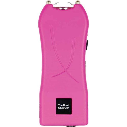 Pink stun gun with rectangular design, labeled The Runt. Self-defense tool for personal safety.