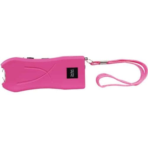 Pink stun gun with a wrist strap, designed for personal safety and self-defense.