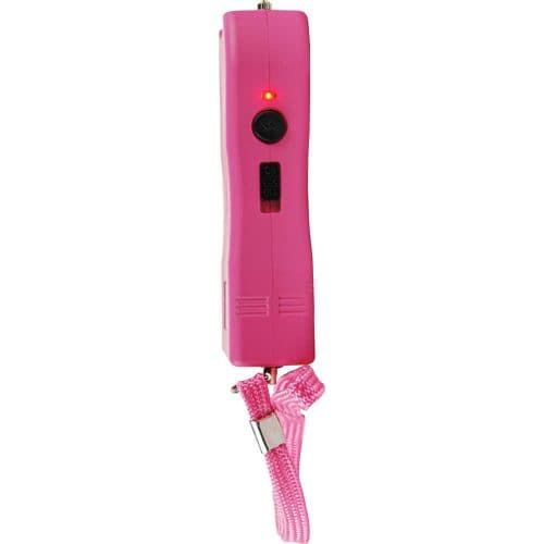 Pink handheld stun device with red light and wrist strap for personal safety.