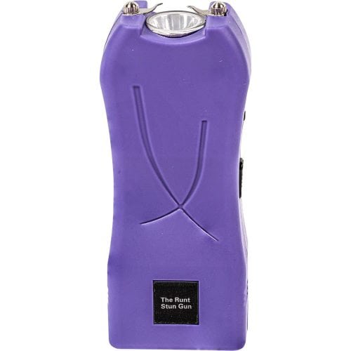 Purple Runt stun gun with flashlight, compact design for personal self-defense.