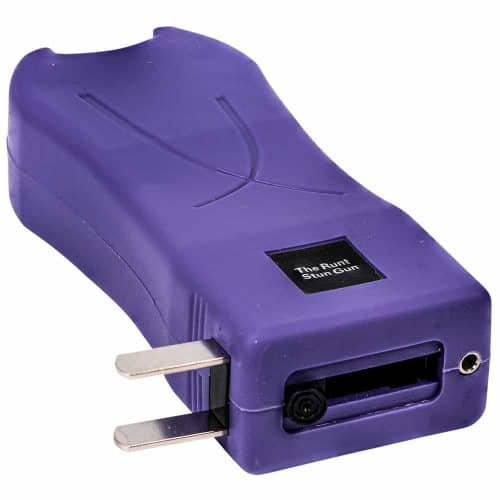 Purple Runt stun gun with built-in plug, compact self-defense tool on white background.