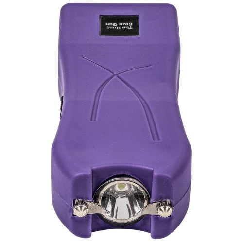 Purple stun gun with flashlight feature, top view for self-defense products, isolated on white background.