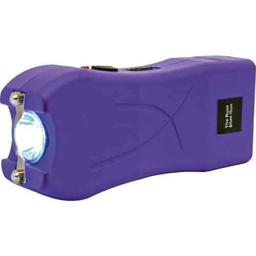 Purple stun gun with a flashlight feature, ideal for self-defense and personal safety.