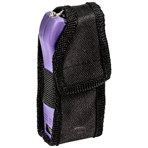 Purple stun gun in black nylon holster for self-defense and safety.