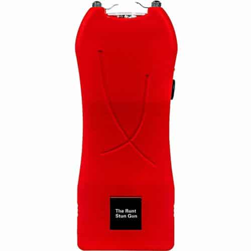 Red handheld stun gun for personal safety, ergonomic design.