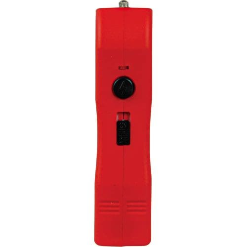 Red handheld voltage tester with on-off switch, used for electrical circuit testing in safety applications.