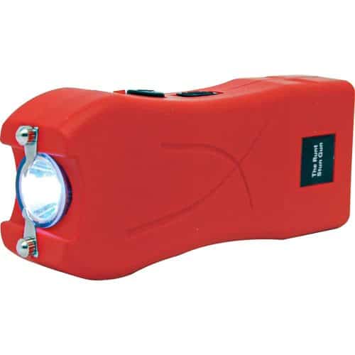 Red stun gun with flashlight, compact design for personal safety and self-defense.