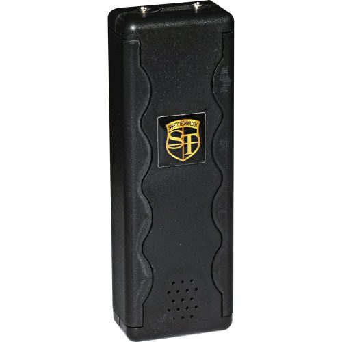 Black safety technology stun gun with a textured grip and logo, ideal for self-defense.