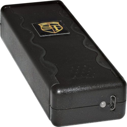 Black rectangular gadget with shield logo, featuring a charging port and compact design.