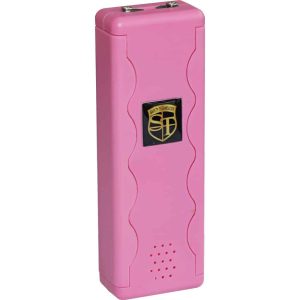 Pink Safety Technology stun gun with a logo, designed for self-defense and personal protection.