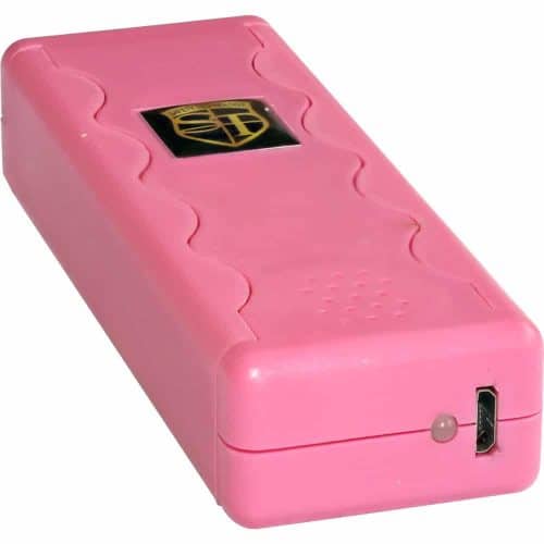 Pink handheld electronic device with a port and LED indicator on the front, featuring a branded logo on top.