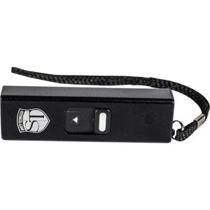 Black stun gun with wrist strap for personal security. Features safety switch and LED flashlight.