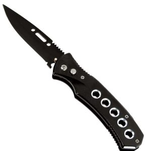 Sleek black folding knife with holes in the handle, perfect for outdoor use and EDC enthusiasts.