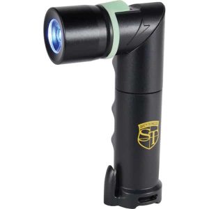 Compact black angle flashlight with Safety Technology logo, featuring a blue LED light.