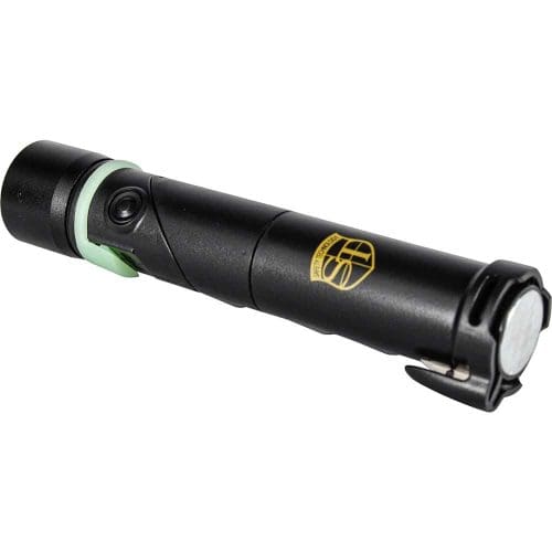 Compact black flashlight with clip and logo, ideal for outdoor adventures and emergencies.
