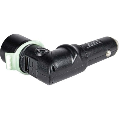 Compact black car charger adapter with dual USB ports, ideal for powering devices on the go.