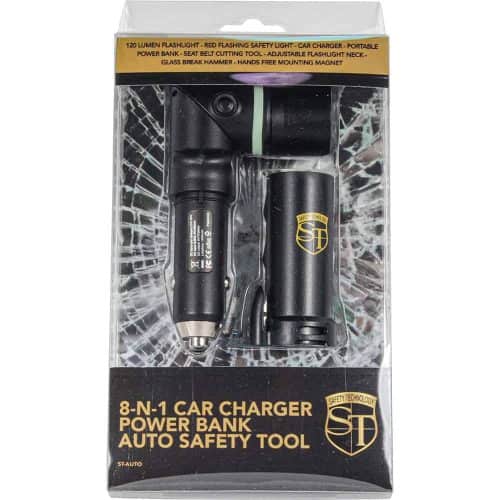 8-in-1 car charger and power bank in packaging with safety tools, including flashlight, seatbelt cutter, and glass breaker.