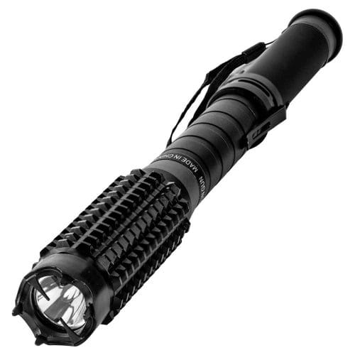 Tactical flashlight with grip and strap, designed for outdoor activities and emergency situations.