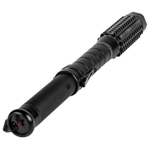 Stun baton with textured grip for self-defense, featuring on-off switch and durable design in black.