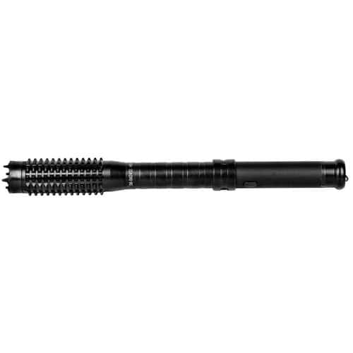 Black tactical flashlight stun baton with grooved grip, shown against a white background.
