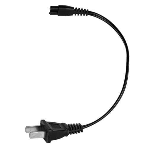 Power adapter cable with two-prong plug and flexible connector, isolated on white background.