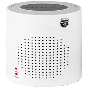 White personal alarm with speaker grille, red LED indicators, and control buttons on top. Safety Technology brand.