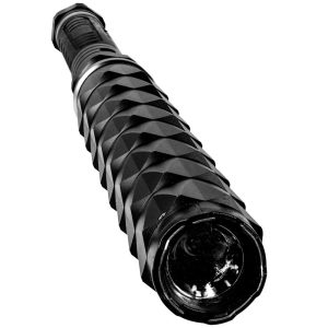 Tactical black flashlight with a textured grip, designed for outdoor and emergency use.