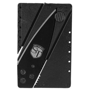 Credit card-sized folding knife, black design with Safety Technology logo, compact for easy carry and convenience.