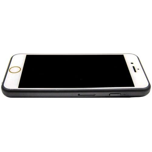 Black smartphone with touch screen and black case, displayed in landscape orientation on white background.
